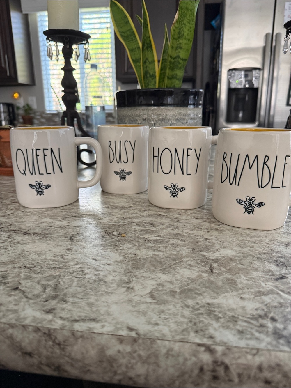 Rae Dunn White Ceramic Bee Mug Set with Yellow  Set of 4
